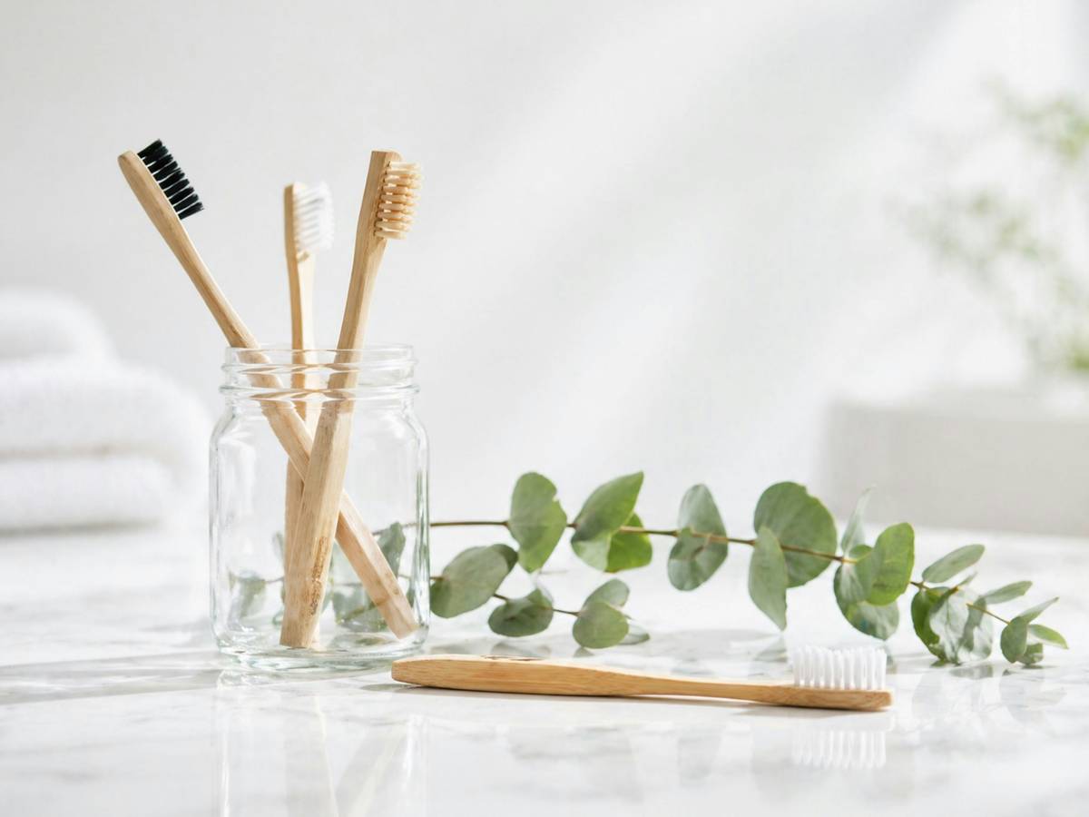 Close-up of biodegradable electric toothbrush heads next to a compost bin